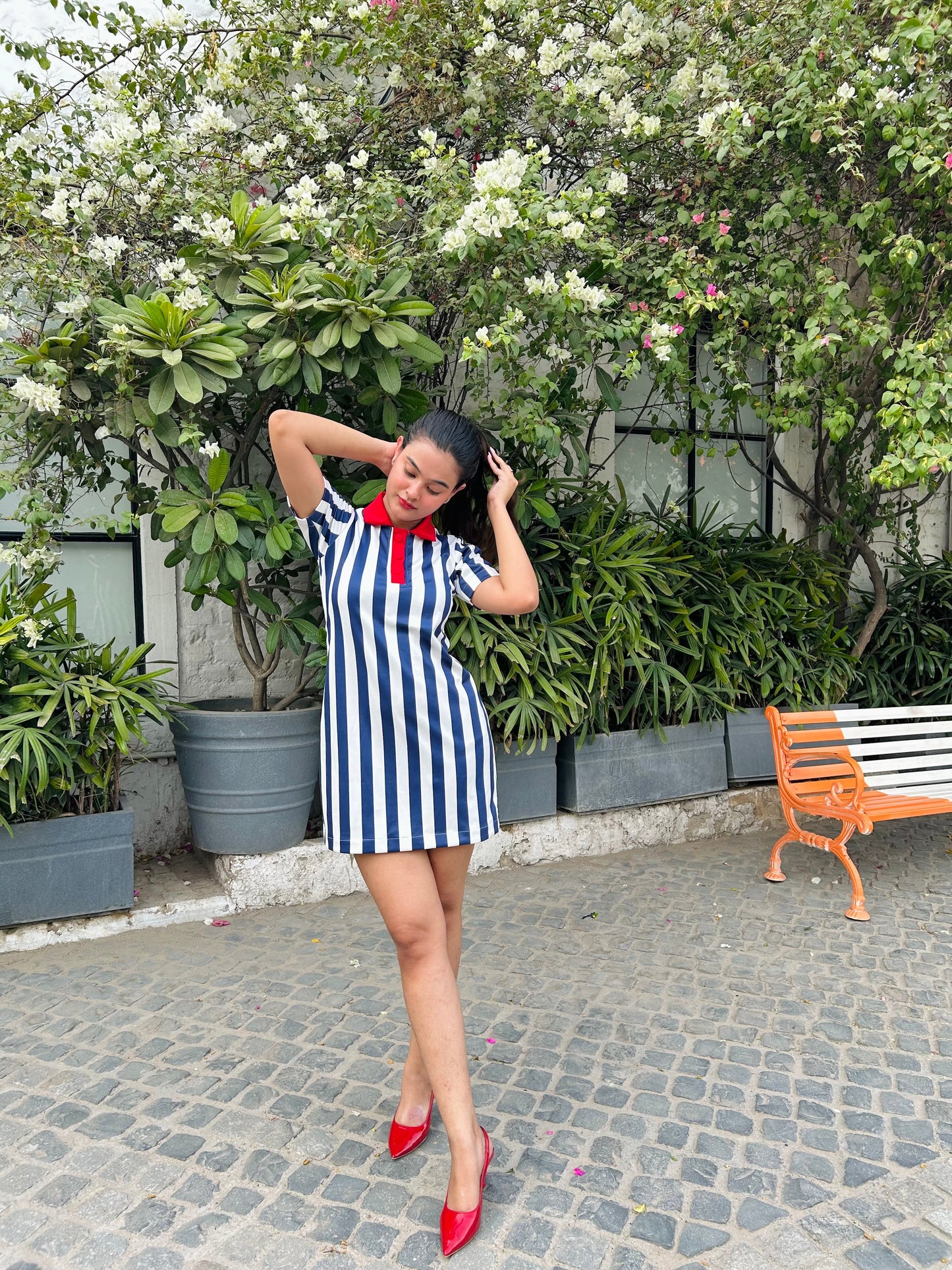 The Classic Striped Dress with Red Collar