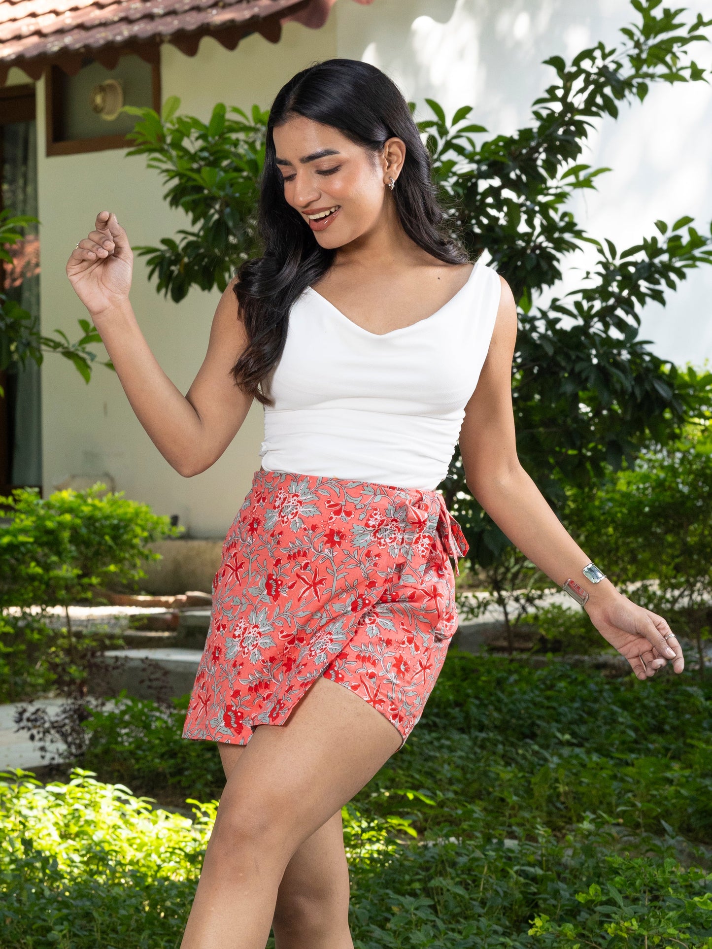 Hand Printed Cotton Skort - Red