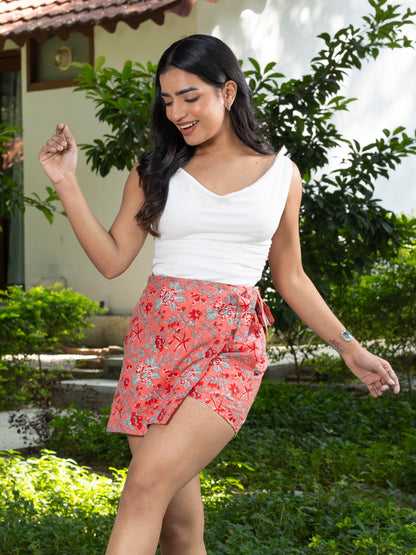Hand Printed Cotton Skort - Red