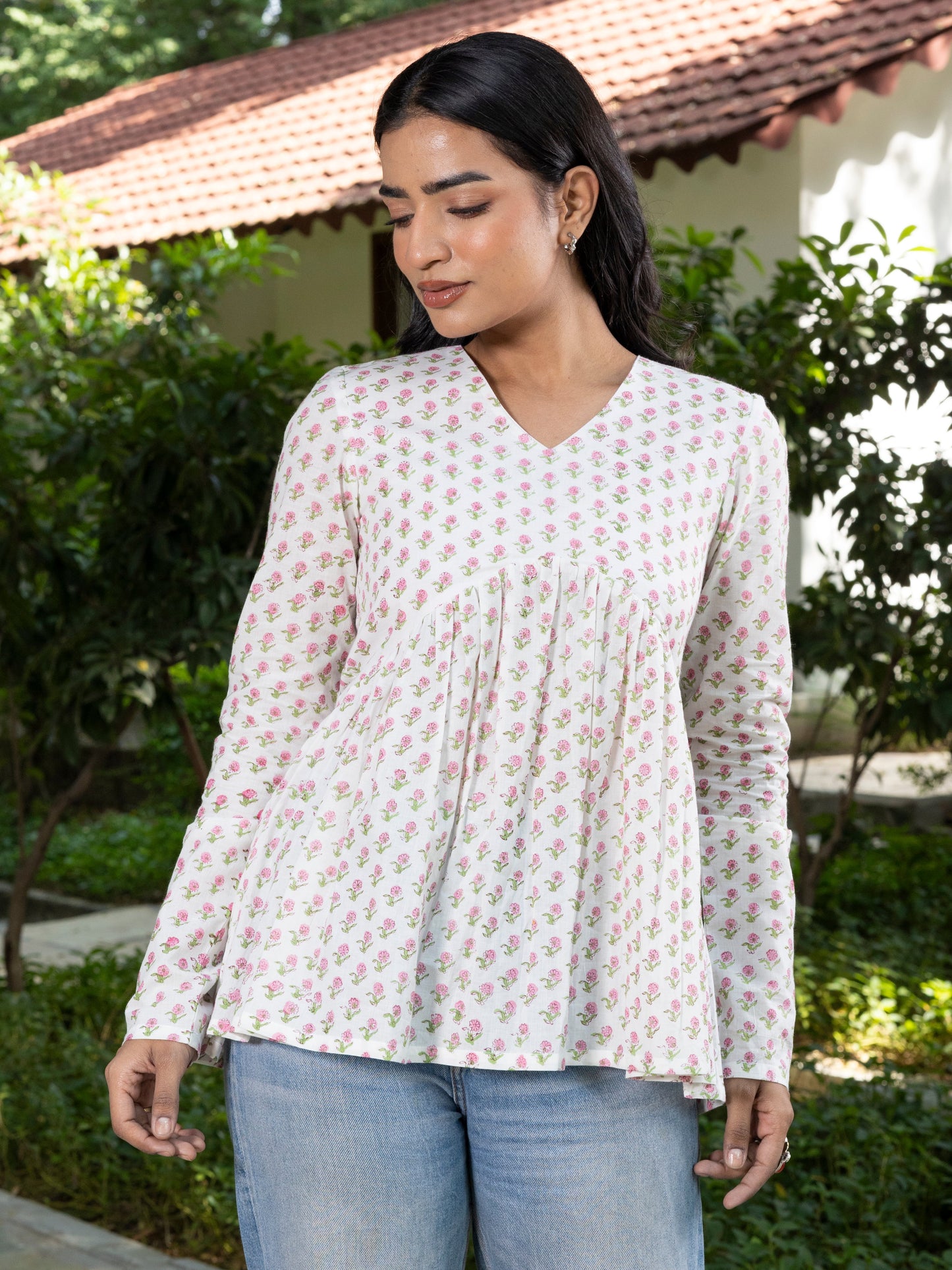 White Handblock Printed Short Kurti