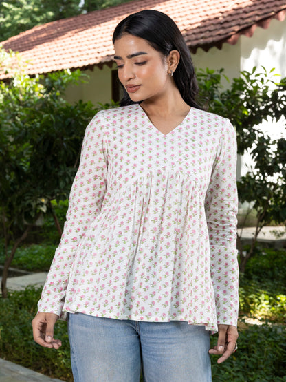 White Handblock Printed Short Kurti