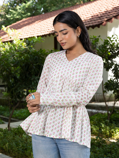 White Handblock Printed Short Kurti