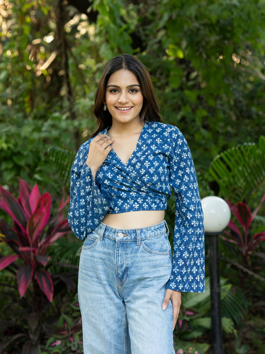 Indigo Handblock Print Wrap Top