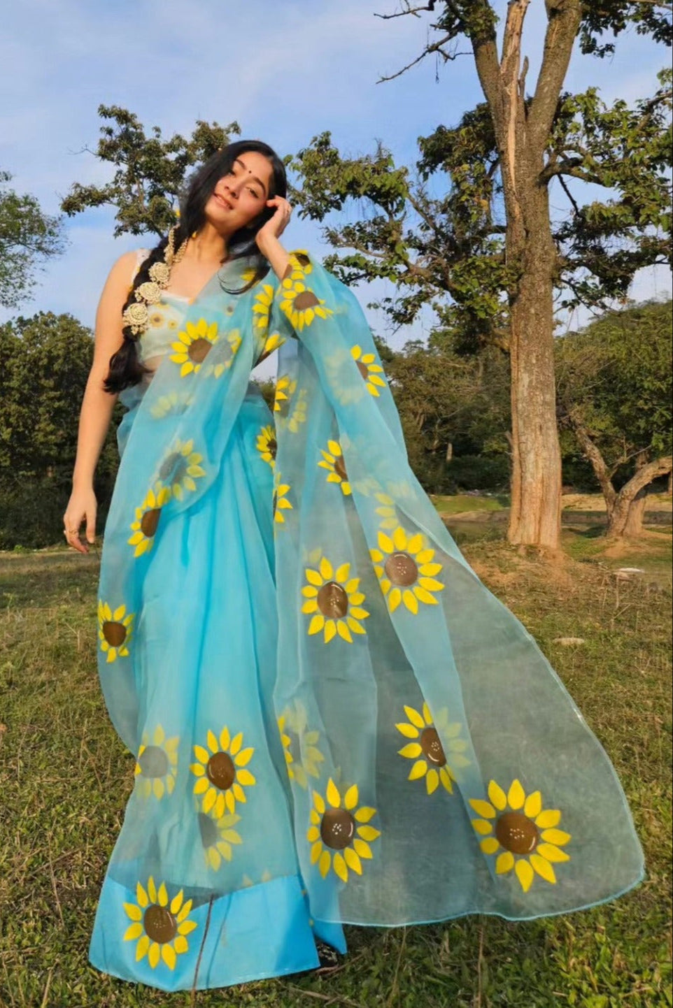 Himawari Organza Handpainted Sunflower Blue Saree