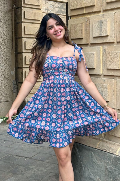 Blue and Pink Floral Hand-printed Corset Short Dress with Pocket