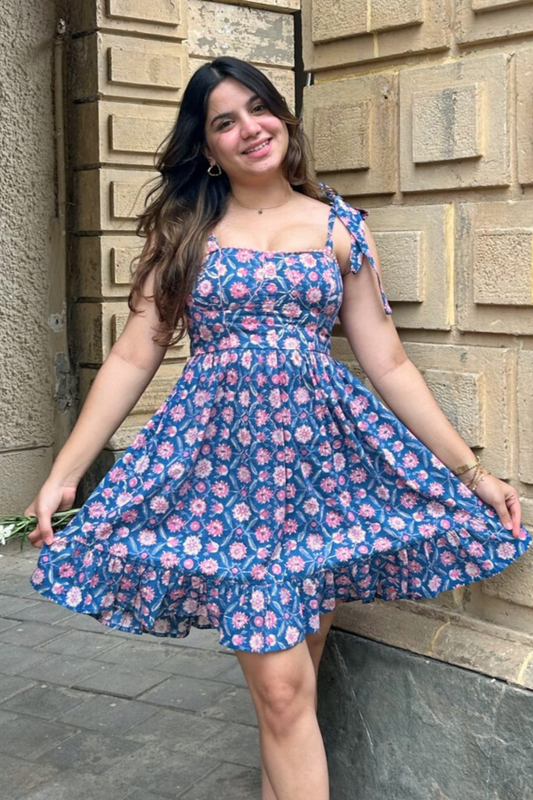 Blue and Pink Floral Hand-printed Corset Short Dress with Pocket