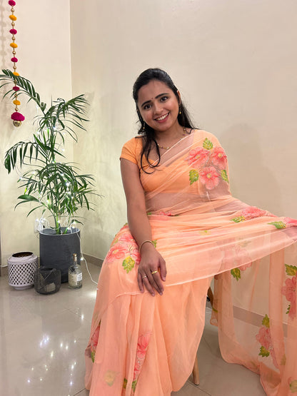 Gudhal ka Phool - Hand Painted Pre Pleated Chiffon Saree