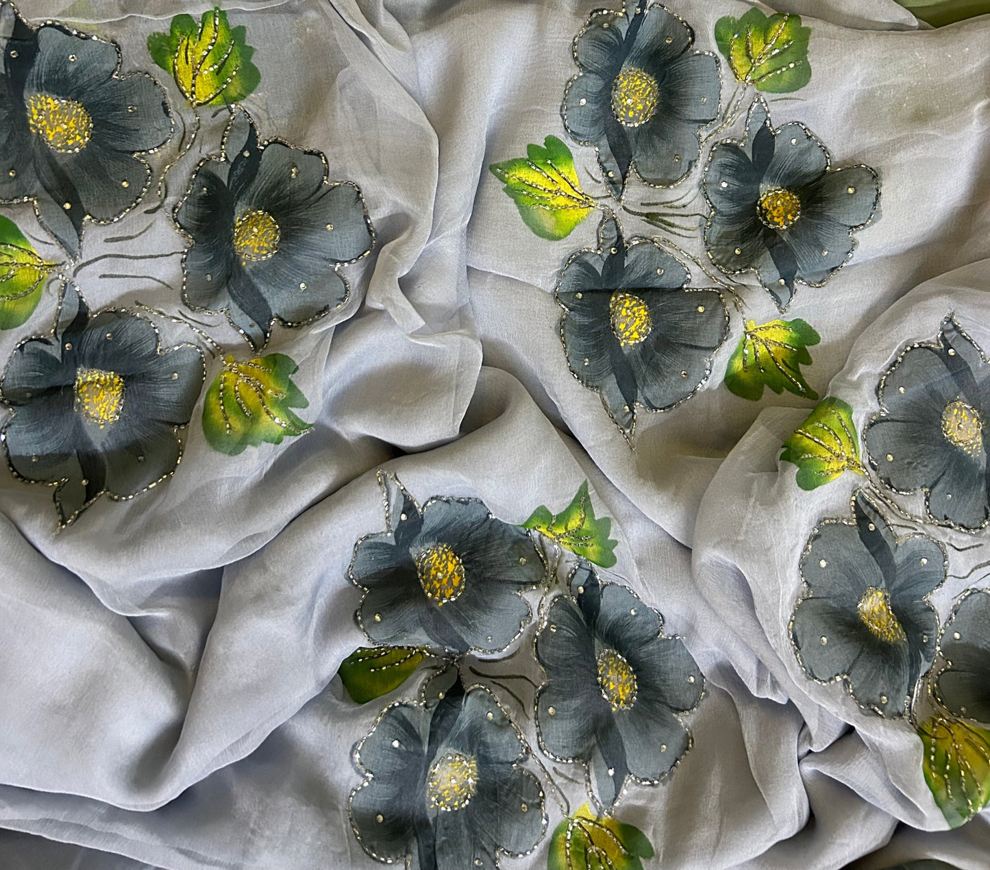 Gudhal ka Phool - Hand Painted Pre Pleated Chiffon Saree