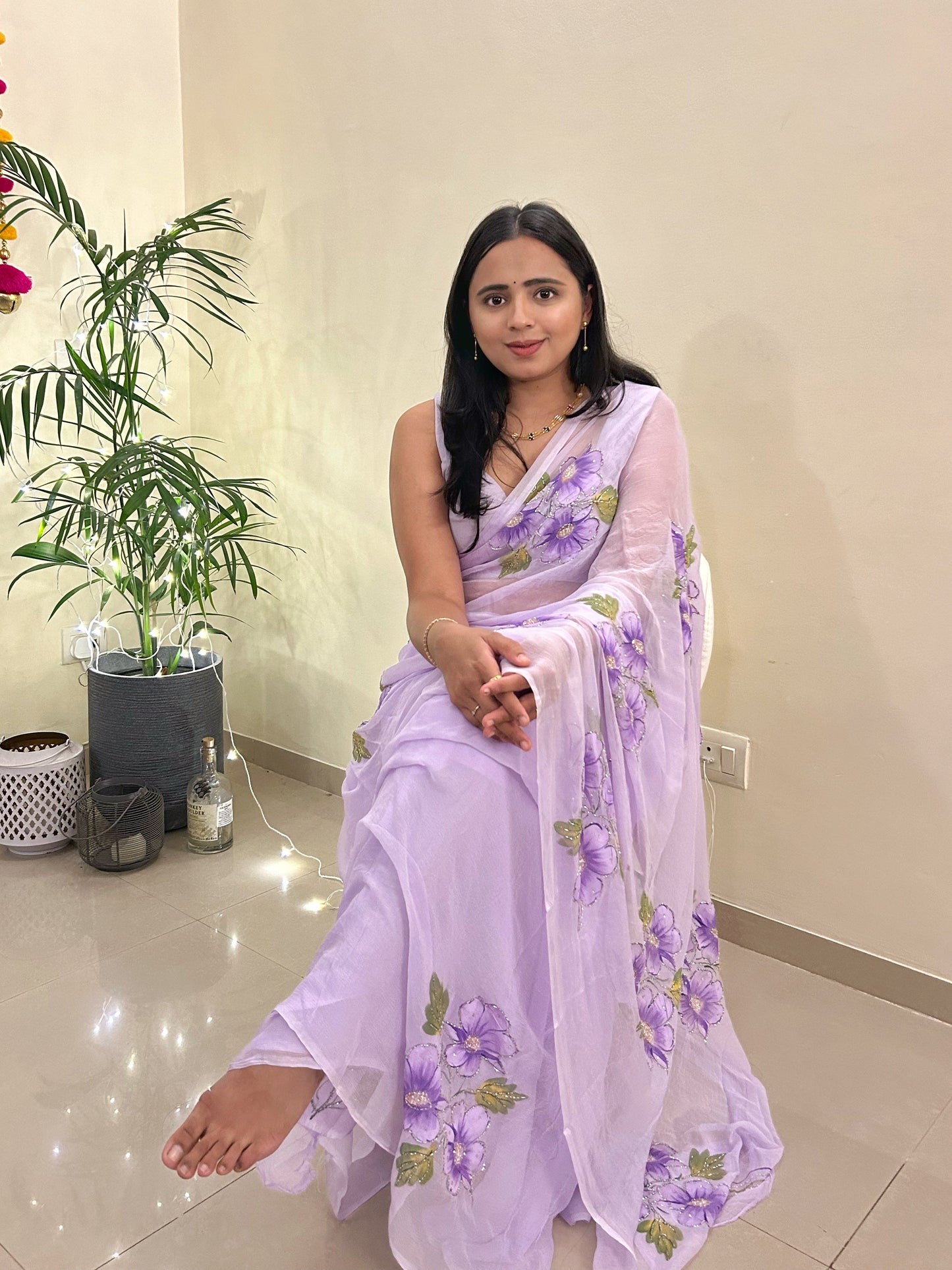 Gudhal ka Phool - Hand Painted Pre Pleated Chiffon Saree