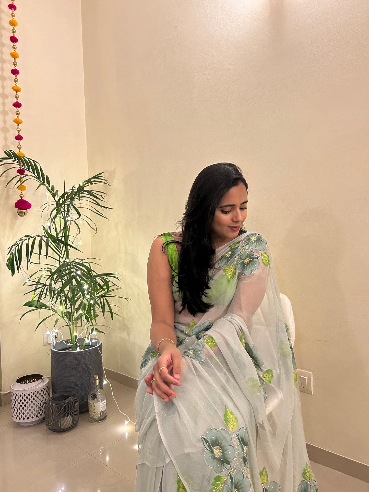 Gudhal ka Phool - Hand Painted Pre Pleated Chiffon Saree