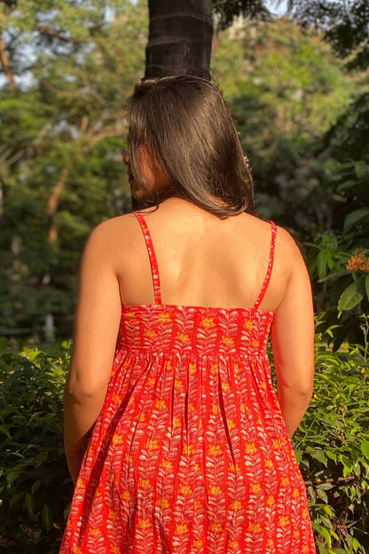 Crimson Red Floral Hand-Printed Cotton Maxi Dress with Pocket