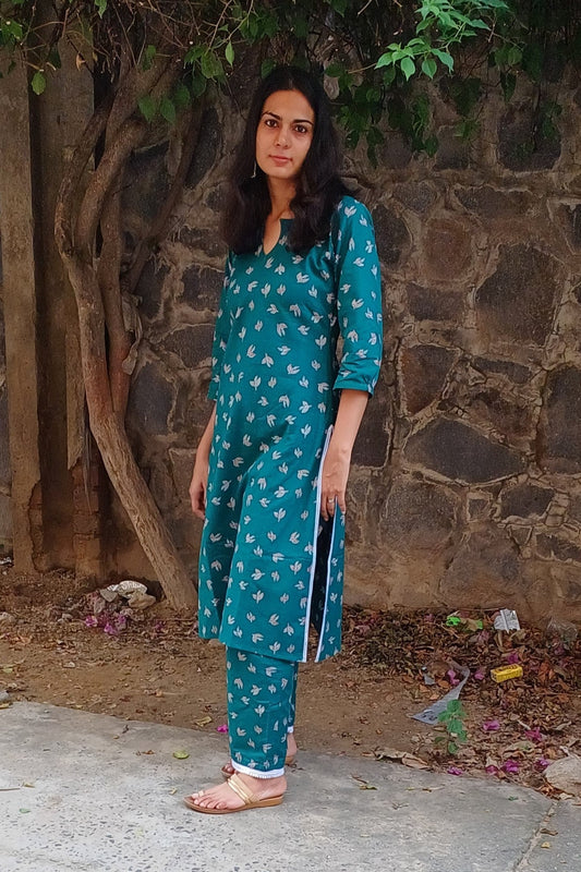 Teal Blue Bird Kurta Set