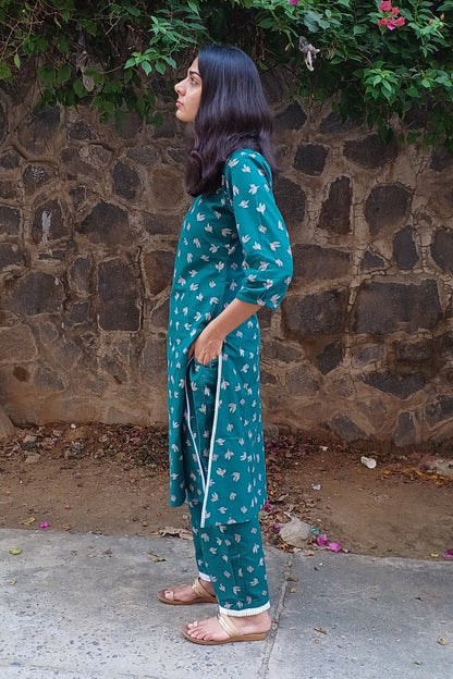 Teal Blue Bird Kurta Set
