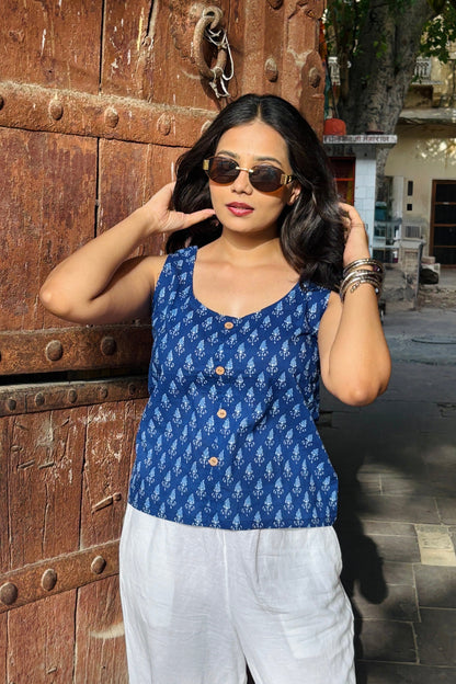 Ivory Blue Cotton Crop Shirt