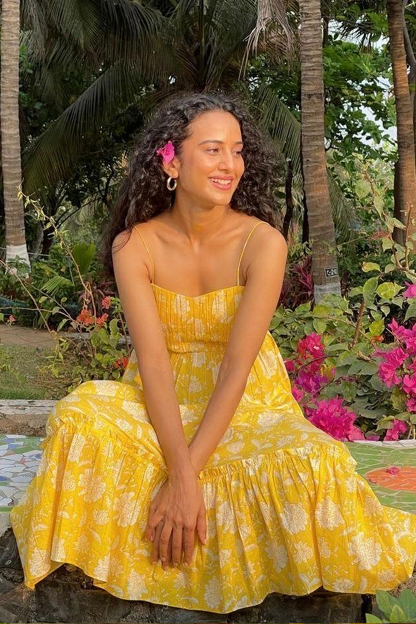 Yellow Floral Hand-printed Soft Cotton Sundress with Pocket