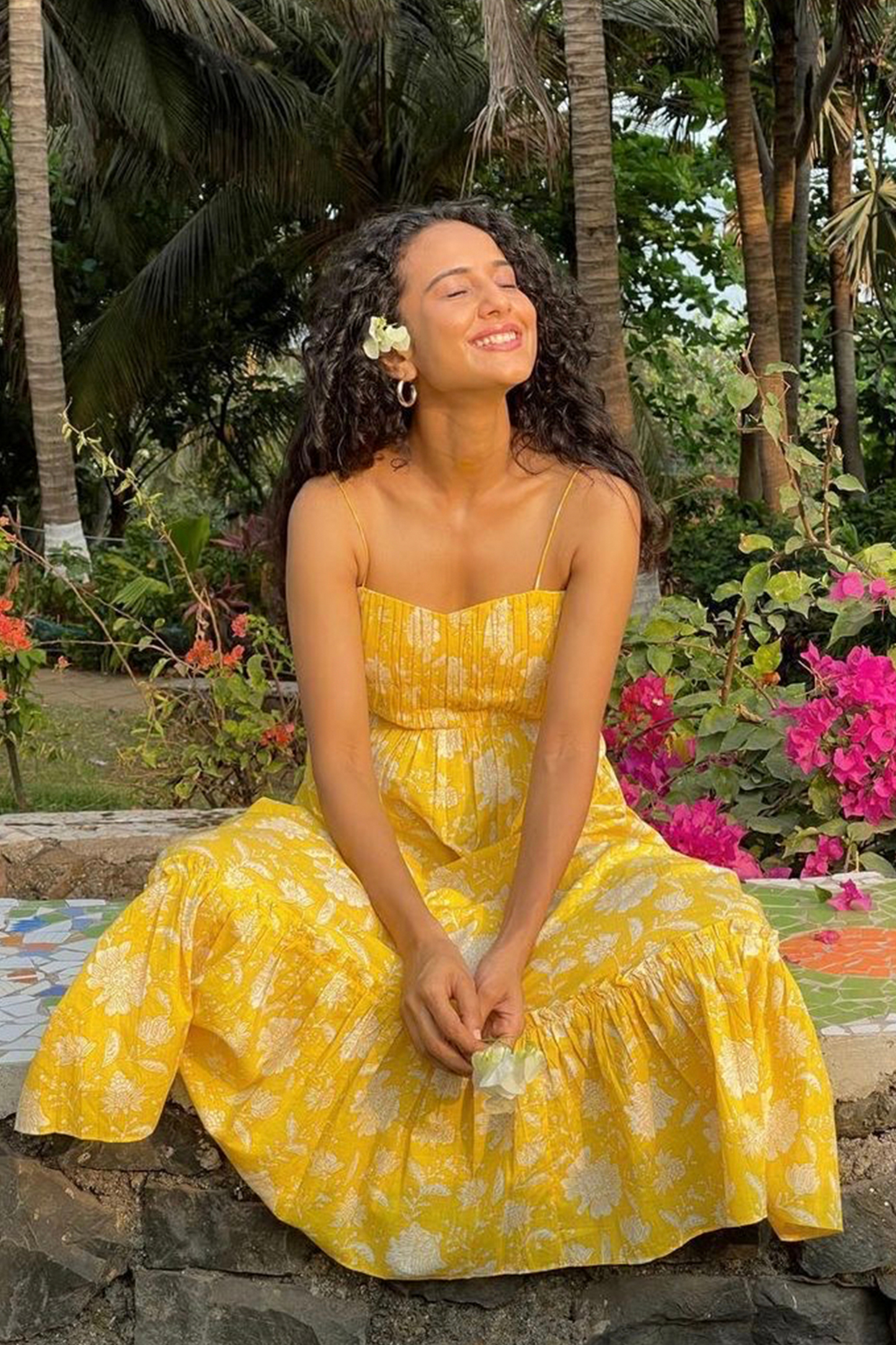 Yellow Floral Hand-printed Soft Cotton Sundress with Pocket
