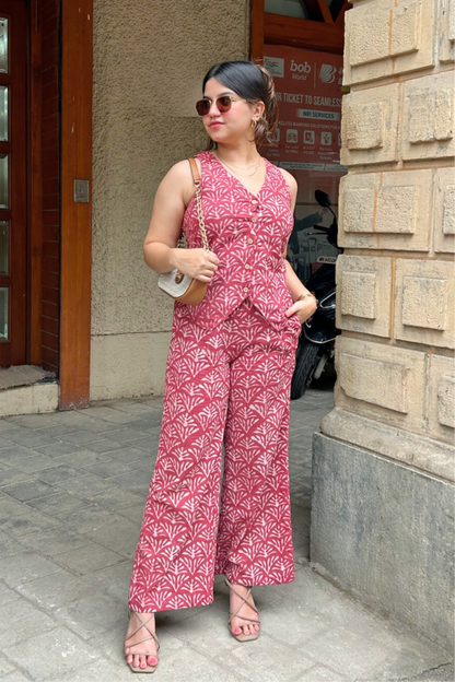 Geometric Hand-Block Printed Maroon Vest & Pant Set