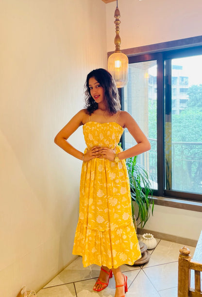 Yellow Floral Hand-printed Soft Cotton Sundress with Pocket