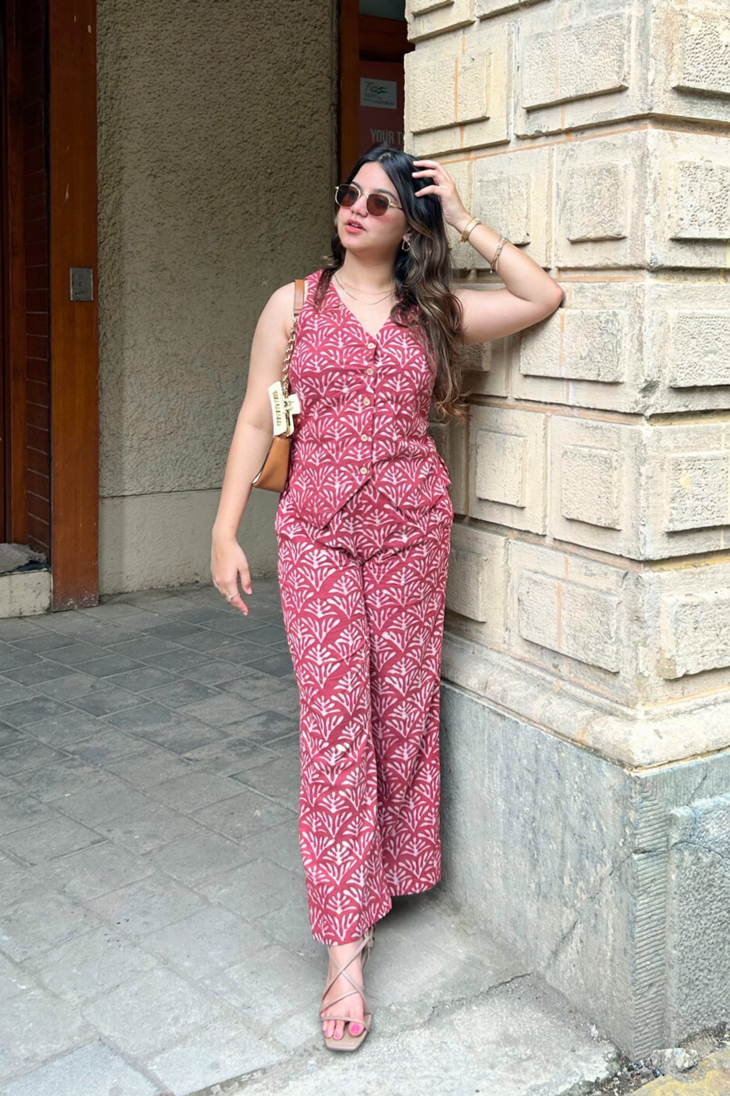 Geometric Hand-Block Printed Maroon Vest & Pant Set