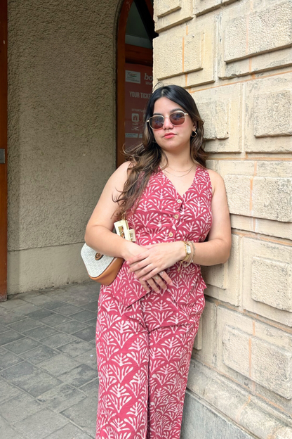 Geometric Hand-Block Printed Maroon Vest & Pant Set