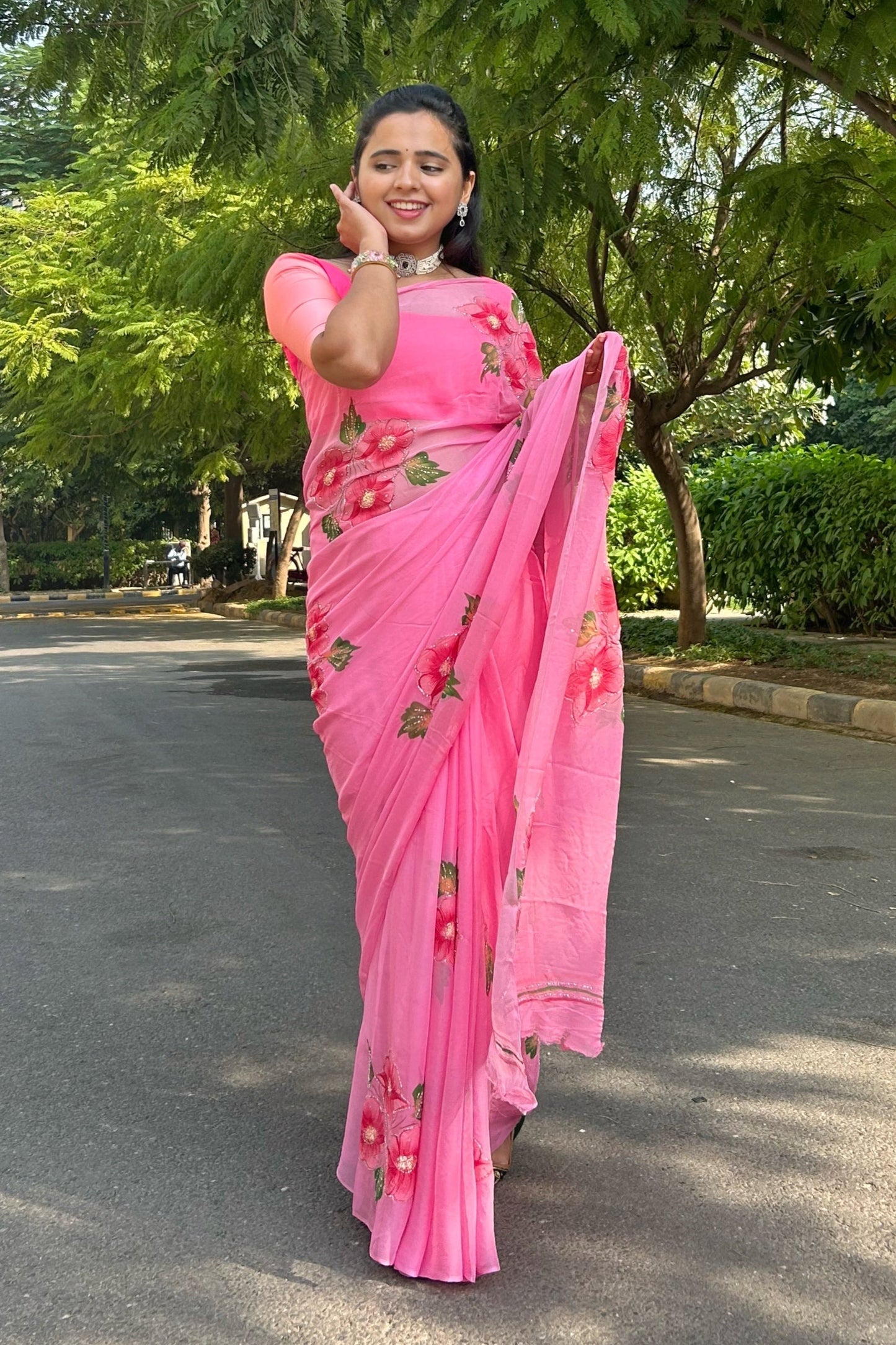 Gudhal ka Phool - Hand Painted Pre Pleated Chiffon Saree