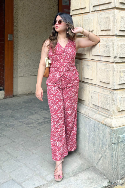 Geometric Hand-Block Printed Maroon Vest & Pant Set