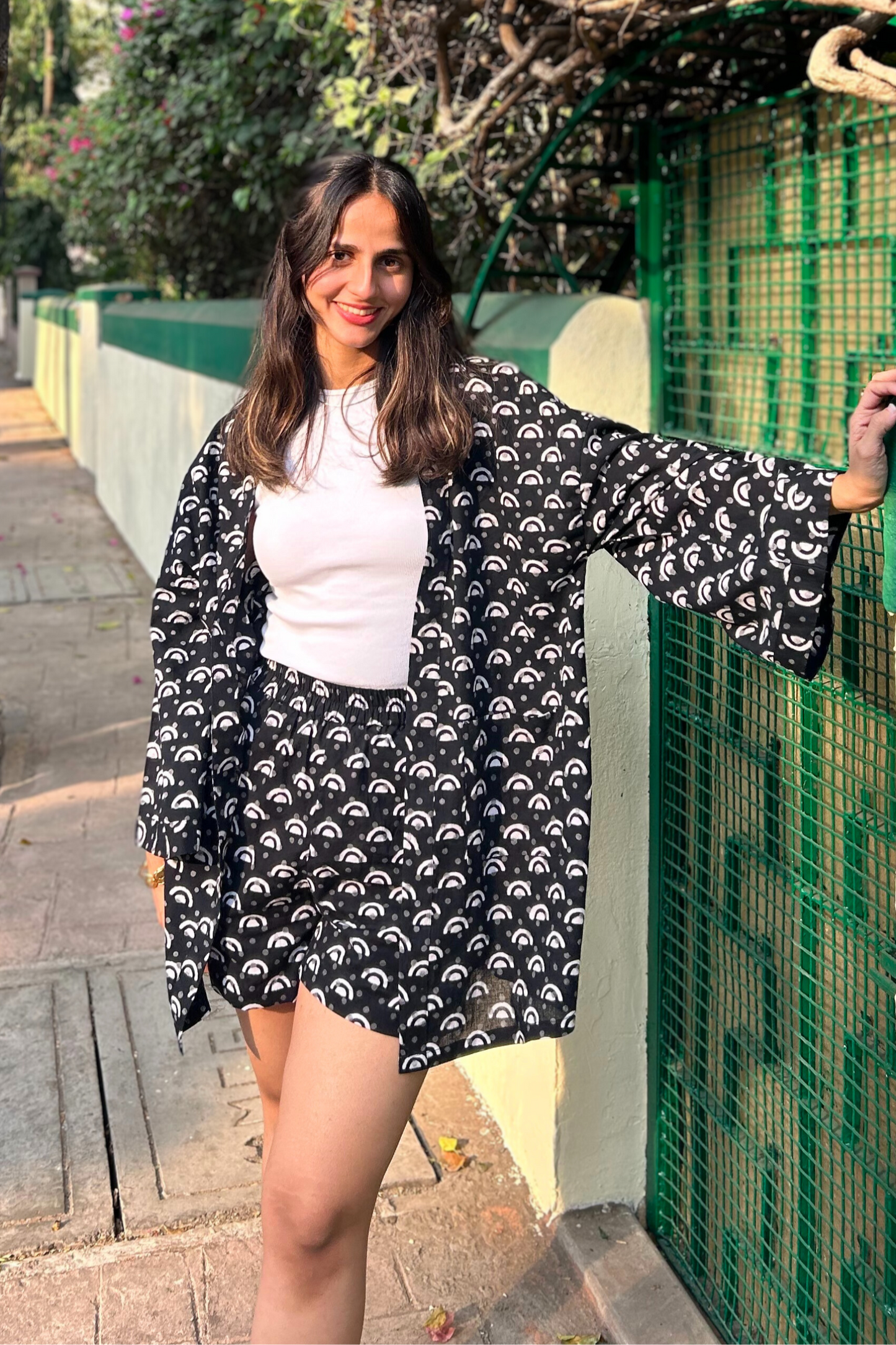 Cotton Hand-Block Geometric Printed Shrug And Shorts Set