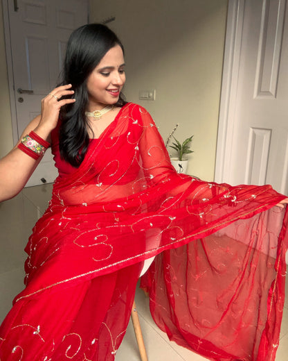Banno Tera Swagger -Jaal Embroidery Pre-Pleated Shimmer Chiffon Saree