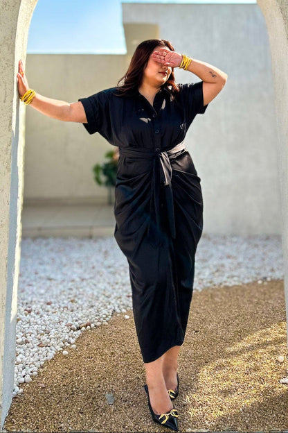 Serve Luxe Satin Tie-Front Midi Dress