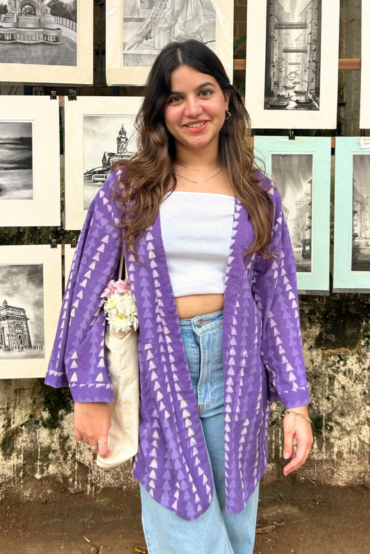 Free Size Purple Hand-Block Printed Shrug In Cotton