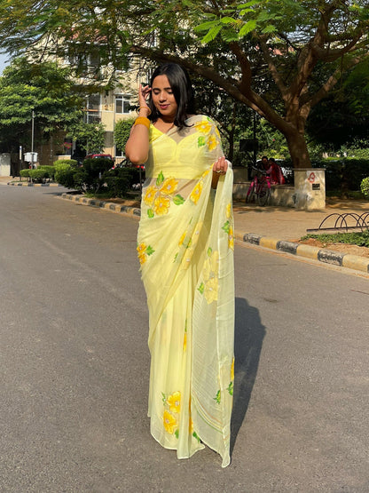 Gudhal ka Phool - Hand Painted Pre Pleated Chiffon Saree