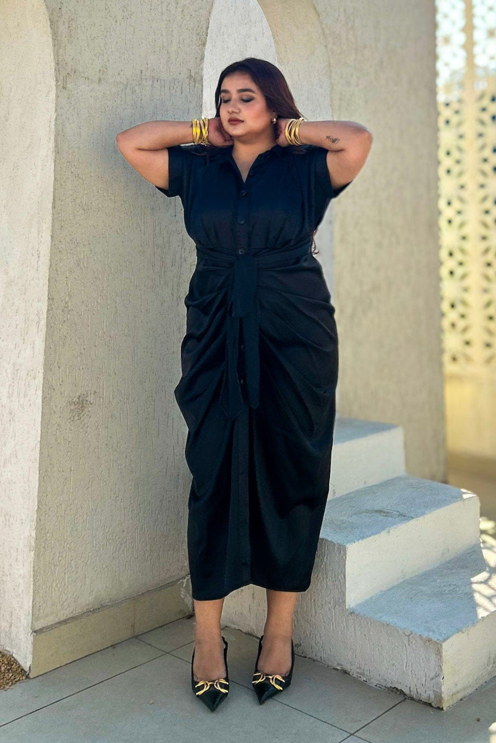 Serve Luxe Satin Tie-Front Midi Dress