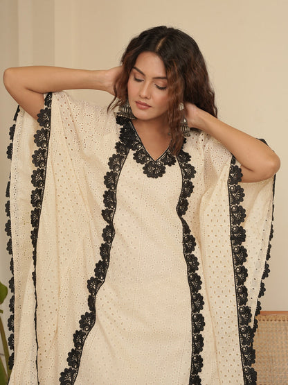 Safeda Lace Work Cotton Kaftan Set
