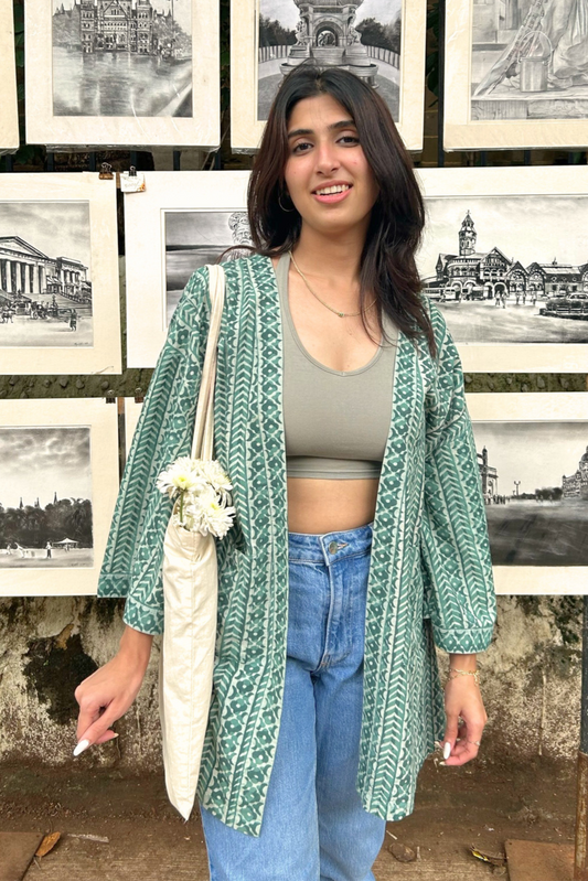 Free-Size Sage Hand-Blocked Cotton Sage Green Shrug