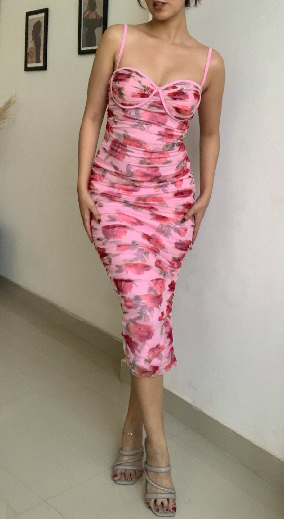 Rosy Ruched Floral Pink Dress