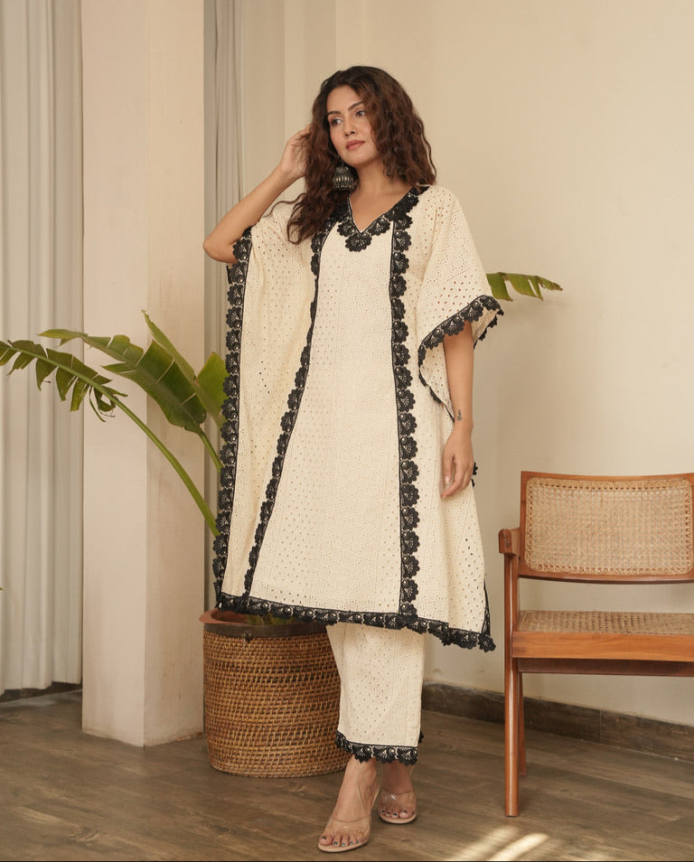 Safeda Lace Work Cotton Kaftan Set