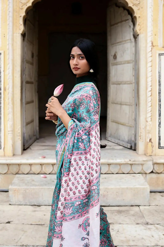 Daisies Through My Window - Hand Block Print Chanderi Silk Saree