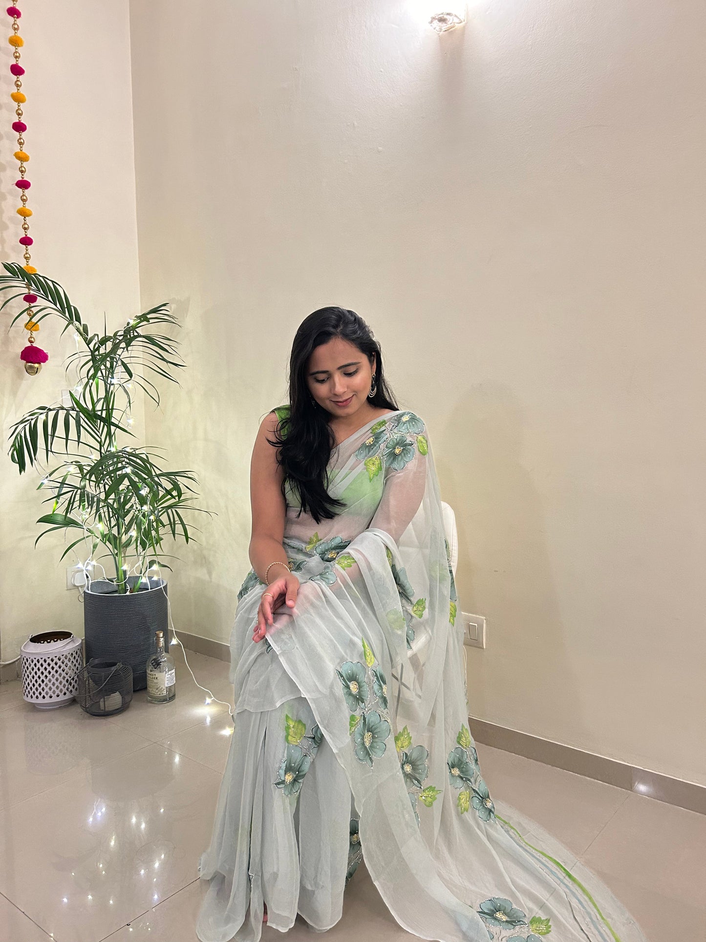 Gudhal ka Phool - Hand Painted Pre Pleated Chiffon Saree