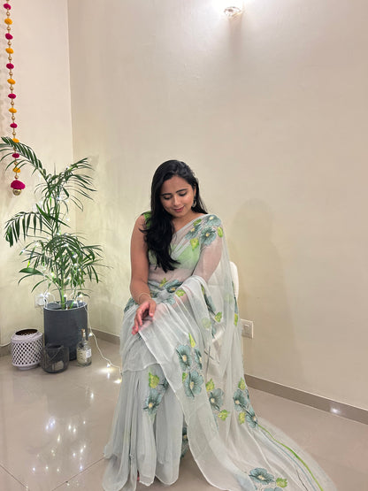 Gudhal ka Phool - Hand Painted Pre Pleated Chiffon Saree