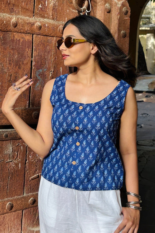 Ivory Blue Cotton Crop Shirt
