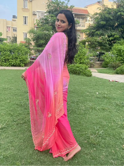 Rani Ombre Shades of Pink Pre Pleated Chiffon Saree