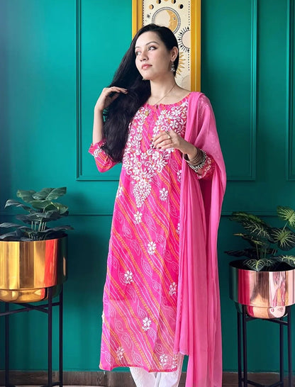 Farhad Gulab Bandhej-Chikan Kurta
