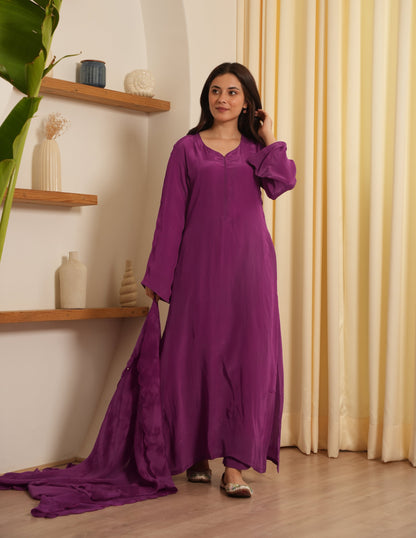 Purple Silk Shibori Mirror Work Staright Suit Set