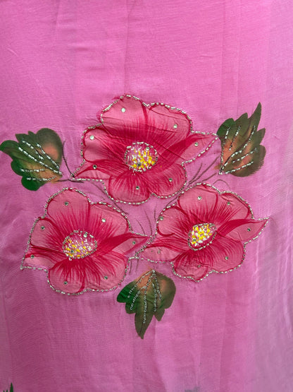 Gudhal ka Phool - Hand Painted Pre Pleated Chiffon Saree
