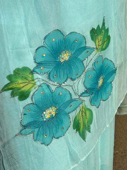 Gudhal ka Phool - Hand Painted Pre Pleated Chiffon Saree