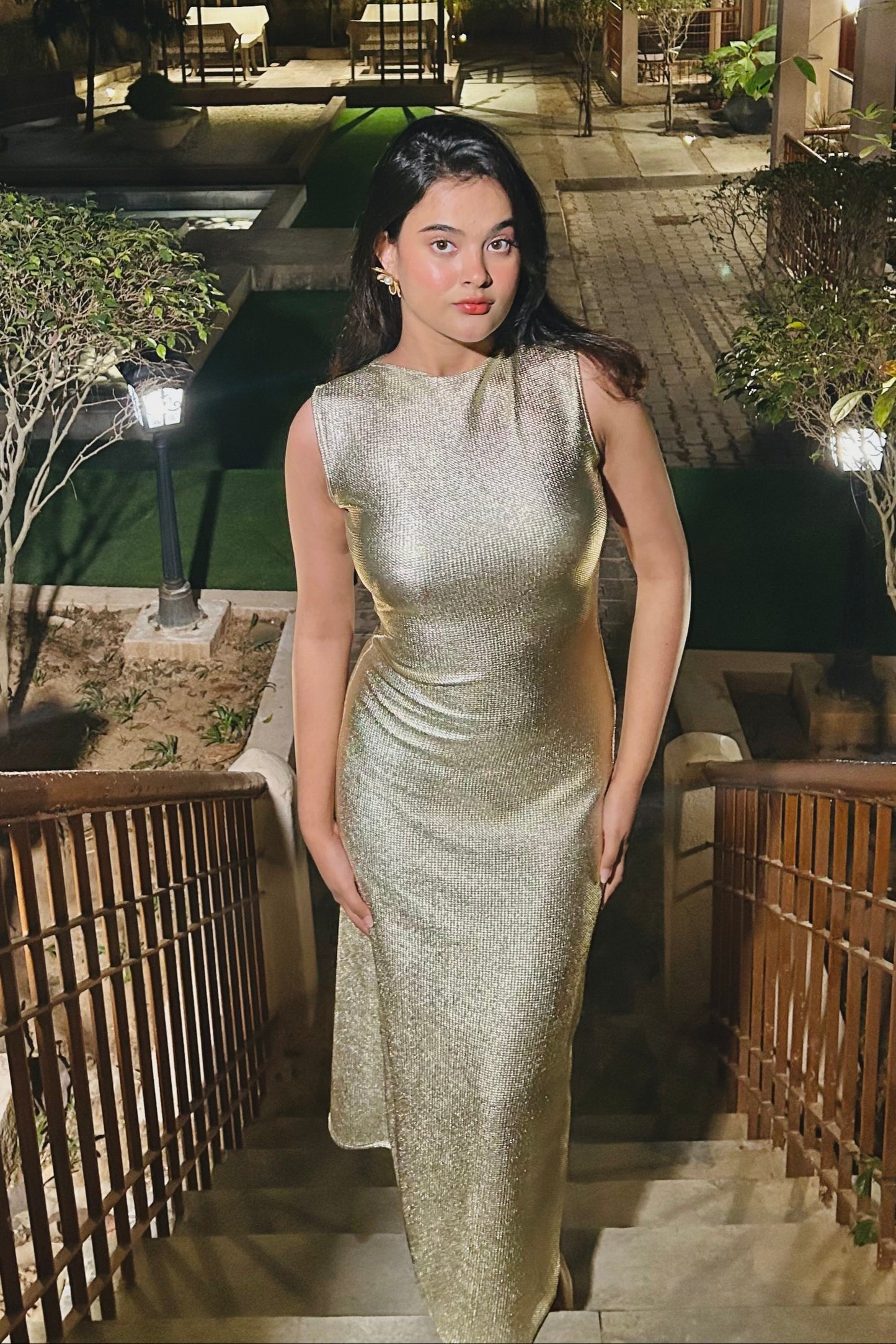 Sona Shimmer Gold Backless Dress