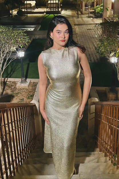 Sona Shimmer Gold Backless Dress