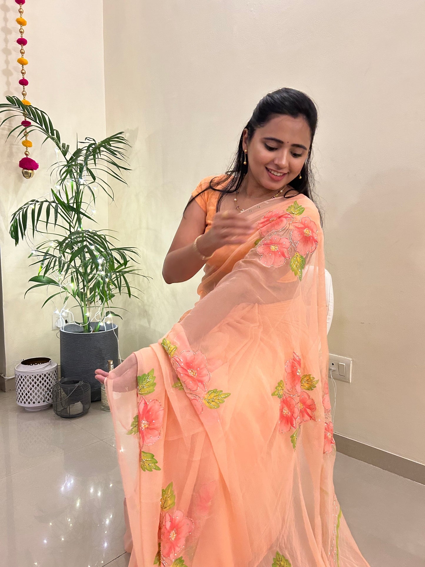 Gudhal ka Phool - Hand Painted Pre Pleated Chiffon Saree