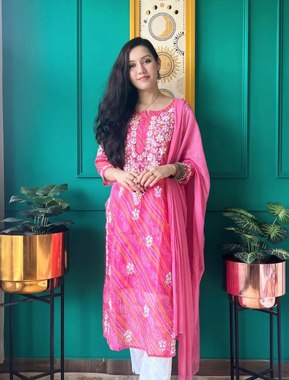 Farhad Gulab Bandhej-Chikan Kurta