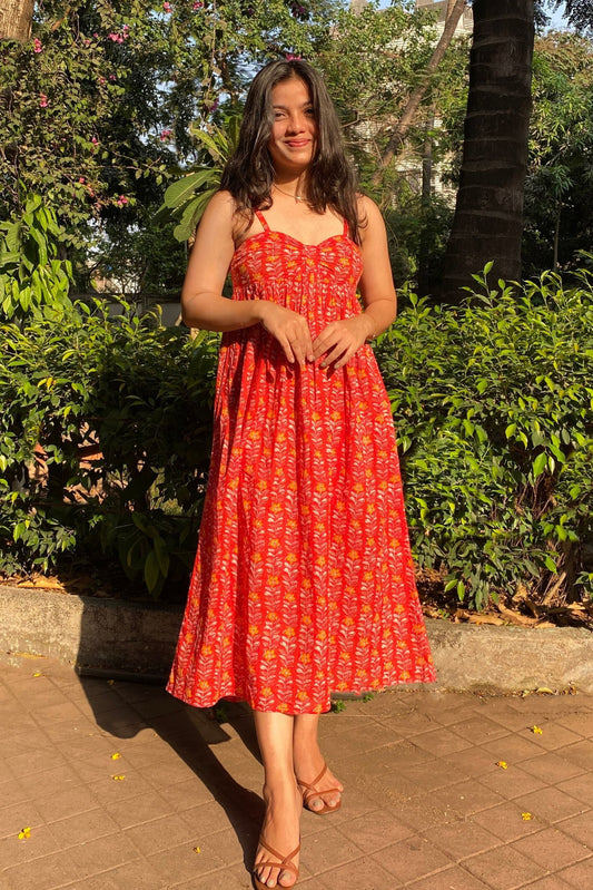 Crimson Red Floral Hand-Printed Cotton Maxi Dress with Pocket